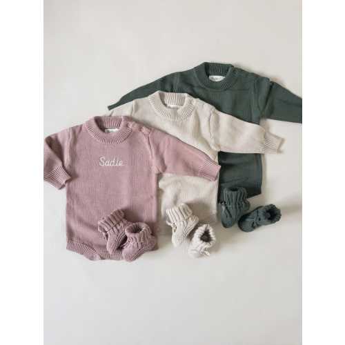 Knit baby romper embroidered birth baby announcement, oversized long sleeve, personalized embroidery, name reveal outfit