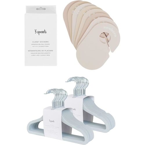 3 Sprouts Closet Dividers & Hangers Bundle - 8 Baby Size Dividers (Neutrals) and 30 Velvet Hangers for Baby Clothes (Blue)