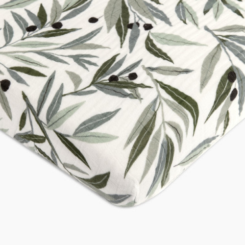 babyletto Mini Crib Sheet in GOTS Certified Organic Muslin Cotton - Olive Branches