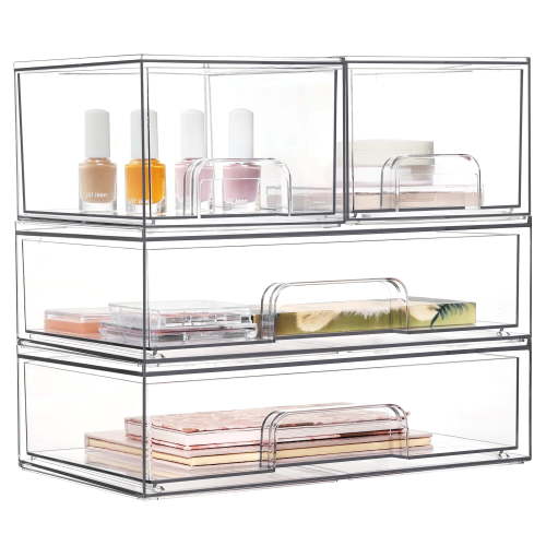 Vtopmart Stackable Storage Drawers Set of 4,Clear Plastic Organizer Bins for Makeup, Cosmetics, Beauty Supplies