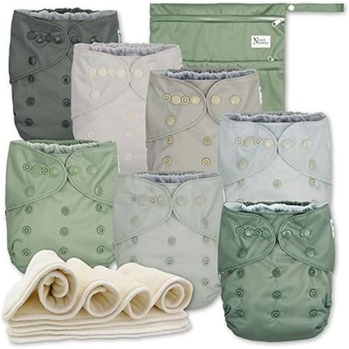 Nora's Nursery AWJ Cloth Diapers 7 Pack with 1 Wet Bag - Waterproof Cover, Washable, Reusable & One Size Adjustable Pocket Diapers for Newborns and Toddlers - Morning Dew