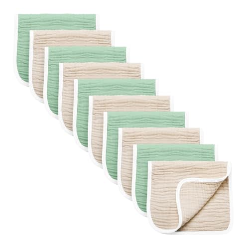 Synrroe Burp Cloths Large, Muslin Burp Cloths for Baby Girls and Boys, Pack of 10 Extra Absorbent and Soft Muslin, 6 Layers 20 by 10 Inches 100% Cotton (Brown-Green 10 Pack)