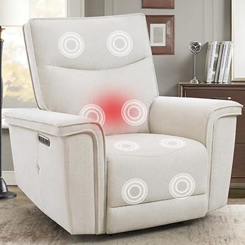 Oversized Power Recliner Chair with Massage and Heat, Upgraded Chenille 44'' Extra Wide Recliner Chairs for Adults with Power Headrest, Electric Recliner for Living Room, Beige