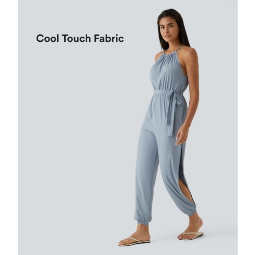 Sleeveless Tie Back Belted Side Pocket Cut Out Cool Touch Resort Jumpsuit-UPF50+