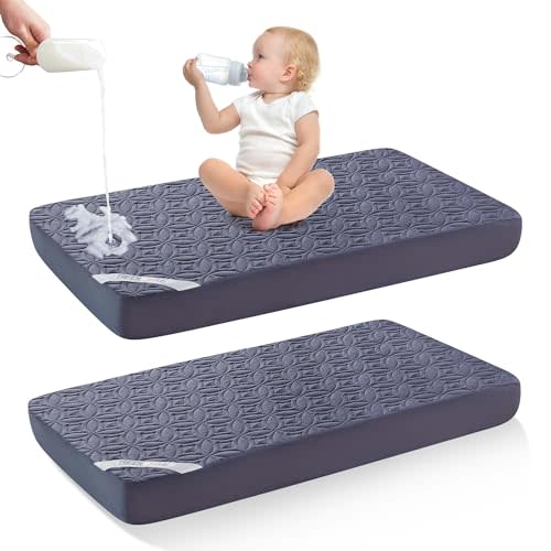 Waterproof Crib Mattress Protector 2 Pack, Soft and Breathable Crib Mattress Pad Cover, Noiseless Machine Washable Toddler Mattress Protector for Standard Baby Toddler Bed (52''x28'',Navy Blue)
