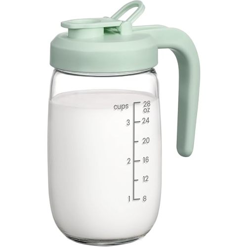Breast Milk Pitcher 32 OZ, Heat & Cold Resistant, Sudden Temperature Safe, Fast Baby Formula Maker with Wide Mouth, No Leak Borosilicate Glass Fridge Storage Container for Juice, Cold Brew-Green