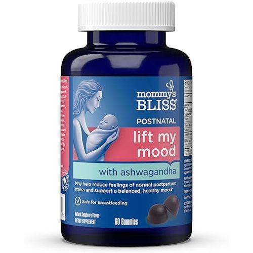 Mommy's Bliss Lift My Mood Postnatal Support Ashwagandha, May Reduce Stress & Support a Balanced Healthy Mood, Vegan, Delicious Rasberry Flavor, 60 Gummies (30 Servings)