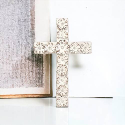 Flower Wall Cross Whitewash, Catholic Decor, White Wall Cross, Floral Wall Cross, Rustic Wall Cross, Farmhouse Cross, Housewarming Gift