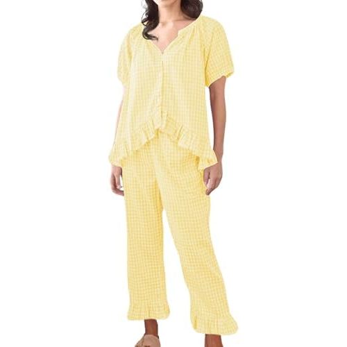 Womens Gingham Pajama Set 2 Piece Short Sleeve Babydoll Shirt and Pants Lounge Set Cute Sleepwear