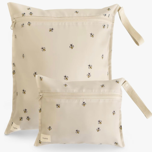 mushie Water Resistant Wet Bags | Large & Small Reusable Storage Bag for Baby Items and Travel | Zippered Pockets with Handle | Machine Washable, Set of 2 (Bees)