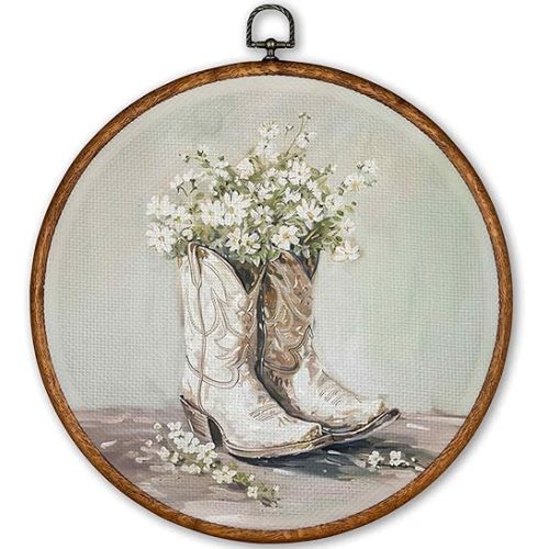TLESKE White Preppy Western Cowgirl Round Wall Art Decor, Vintage Cowgirl Boots Framed Canvas Prints Wall Art Artwork, Wall Hanging Room Door Decor for Teen Girls Room Dorm Bedroom, 10x10in