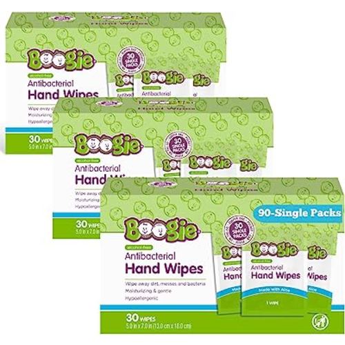 Boogie Antibacterial Hand Wipes, Alcohol Free, Hypoallergenic and Moisturizing Aloe, Hand Wipes for Kids and Adults, Single Packs, 30 Wipes (Pack of 3)