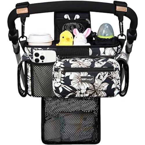 TOPDesign Universal Baby Stroller Organizer, Stroller Caddy with Detachable Mesh Bag & Heightened Insulated Cup Holders & Non-Slip Secure Hooks Accessories, Fits Most Strollers (Morning Glory)