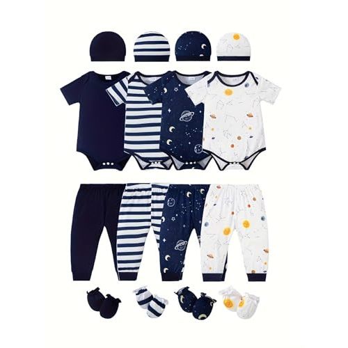 NZRVAWS Newborn Baby Boy Girl Clothes Unisex Infant Romper Pants Set Hat 4-Pack Outfits 0-12 Months 16 Pieces Toddler