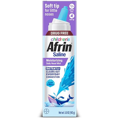 Afrin Moisturizing Children’s Saline Mist for Everyday Nasal Congestion and Dry Nose, Isotonic Seawater Saline Spray for Babies 6+ Months, Drug Free Baby Congestion Relief with Soft Tip Nozzle, 5 oz