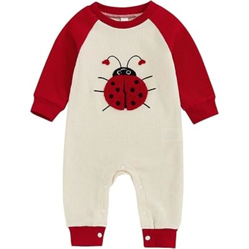 Karuedoo Newborn Baby Boy Girl Valentines Day Outfit Ladybug Embroidery Waffle Knit Long Sleeve Romper Jumpsuit Bodysuit