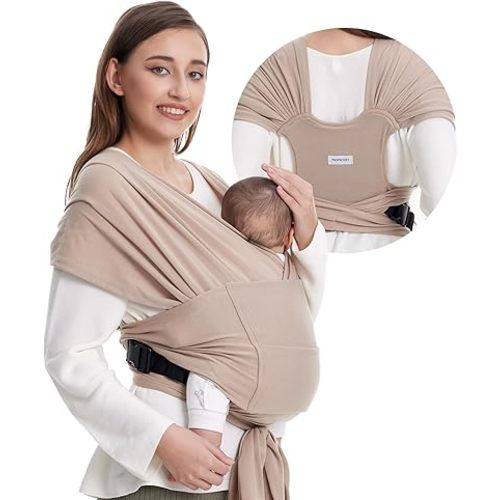 Momcozy Baby Wrap Carrier Skin-Friendly Fabric, Easy to Wear Baby Sling T-Shirt Design, Hands Free Baby Carriers Newborn to Toddler 8-35lbs, Adjustable Buckle Suit for Waist 27-47inch, Light Curry