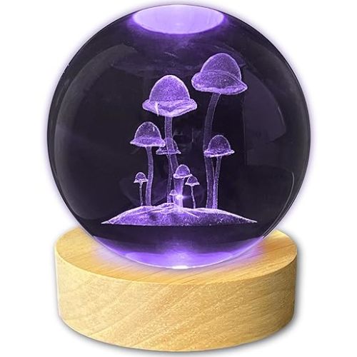 Mushroom Night Light Gifts for Women, 16 Colors Cottagecore Mushroom 3D Engraved Crystal Ball Night Light for Bedroom Decor, 3.15Inch(16 Colors, Remote Control)