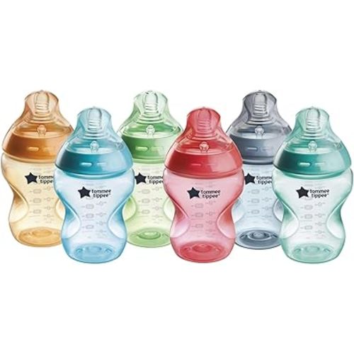 Tommee Tippee Natural Start Anti-Colic BPA Free Baby Bottles, 9oz, Slow-Flow Breast-Like Nipple for a Natural Latch, Designed for Seamless Transitions Between Bottle and Breast, Fiesta, Pack of 6