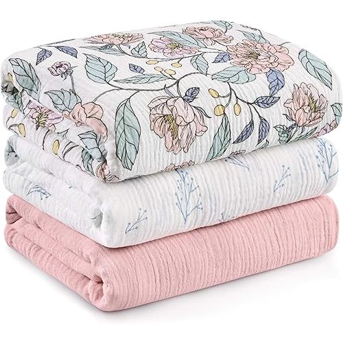 Muslin Swaddle Blankets for Newborn, 3 Pack Breathable Soft Receiving Blanket, Large 38 x 40 inches Swaddle Wrap Burping Clothes, Essentials Infant Shower Items, Toddler Gift