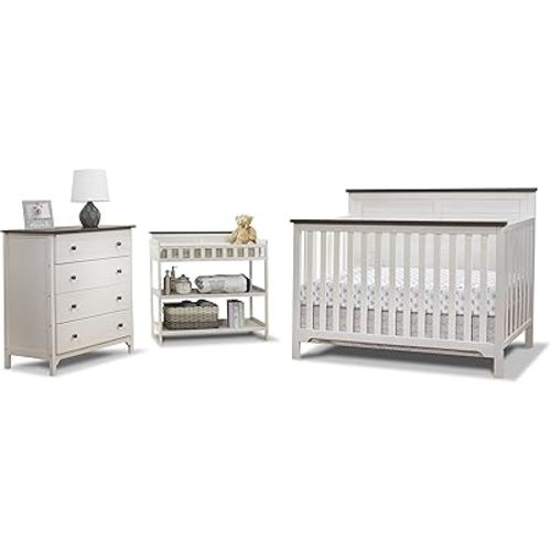 SORELLE FURNITURE Farmhouse 3-Piece Nursery Set with 4-in-1 Convertible Crib, 4-Drawer Dresser, and Changing Table with Shelves, Baby Furniture Made of Wood, Non-Toxic Finish-Chocolate and White