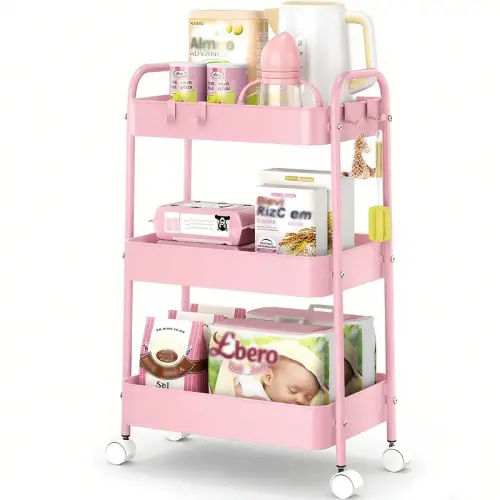 3 Tier Rolling Cart, Metal Utility Cart with 4 Hooks Storage - TikTok Shop