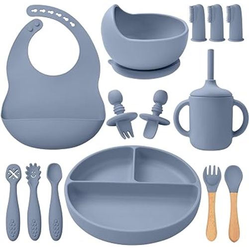 Silicone Baby Feeding Set 14 Pcs,Baby Led Weaning Supplies, Baby Spoons Suction Bowl Divided Plate Bib Cup Finger Brush,First Stage Solid Food Eating Utensils - 6+ Months(Blue Gray)