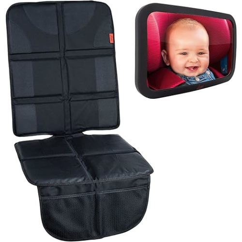 Lusso Gear Car Seat Protector + Baby Backseat Mirror for Car - Baby Travel Essentials - Protect Car Seats and Keep on Eye on Your Baby - Waterproof Car Seat Protector for Child Car Seat