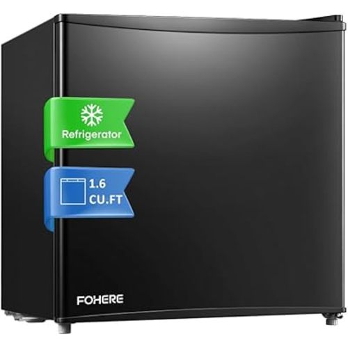FOHERE 1.6 Cu.ft Mini Fridge for Bedroom with Freezer, Small Compact Single Door Refrigerator, 7-Level Adjustable Thermostat, Black, BC-46-E