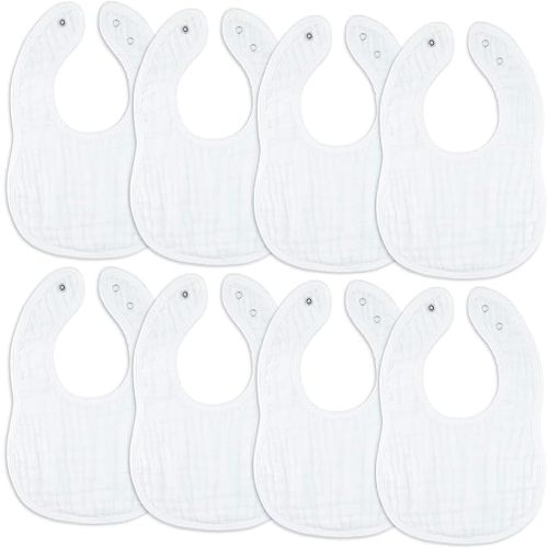 Comfy Cubs Muslin Baby Bibs, Drool Bibs, 100% Cotton Adjustable with Easy Snaps, Teething & Drooling, Soft & Absorbent - White - Pack of 8