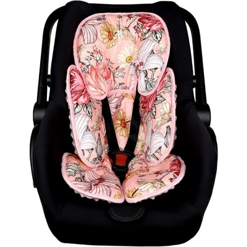 Pink Infant Car Seat Head Body Support Pillow, HNHUAMING 2-in-1 Reversible CarSeat Insert,Soft Cushion for Stroller, Swing, Bouncer,Flowers