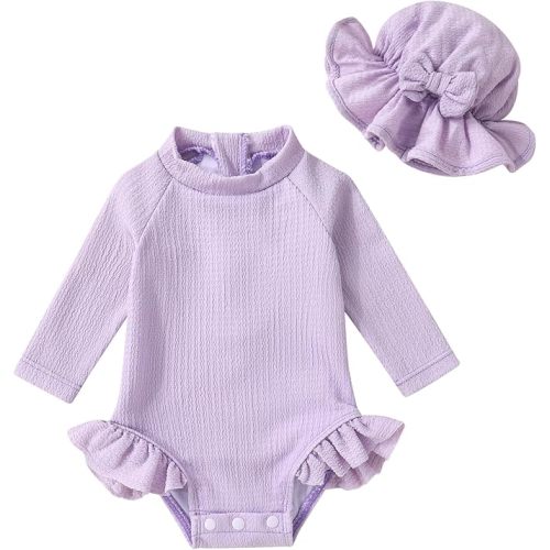 YOUNGER TREE Infant Baby Girls Swimsuit Long Sleeve Swimsuits One Piece Swimsuit Solid Color Bathing Suit with Hat, UPF 50+