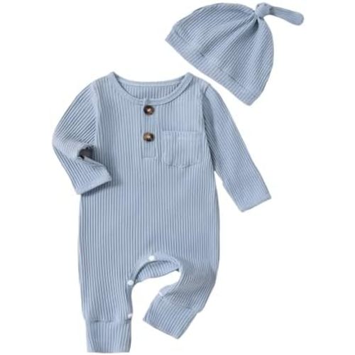 Newborn Baby Boy Girl Clothes Infant One Piece Rompers Solid Ribbed Knit Hat Long Sleeve Clothing Set
