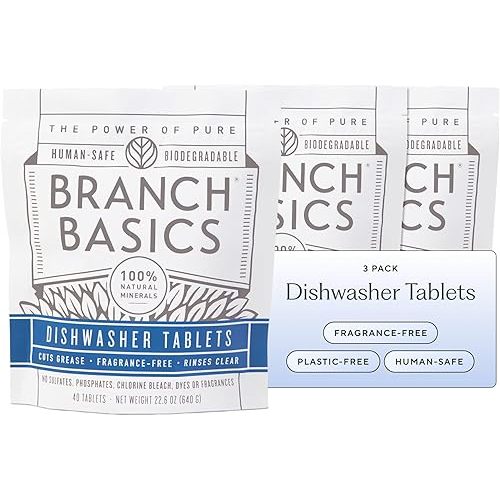 Branch Basics Dishwasher Tablets – 40 Ct, 3 Pack | Plastic-Free, Fragrance-Free, Human-Safe | Delivers a Powerful Clean Without Harsh Chemicals