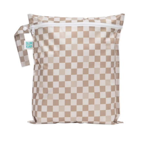 Bumkins Waterproof Wet Bag for Baby, Travel, Swim Suit, Cloth Diapers, Pump Parts, Pool, Beach, Gym Clothes, Toiletry, Hook to Stroller, Daycare, Zipper Reusable Wetdry Packing Pouch, Beige Check