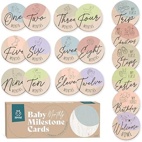 Wooden Baby Milestone Signs – 1-12 Month Cards for Photoshoot Props, Gender-Neutral Design, Extra Occasion Cards, Suitable for Documenting Growth - Durable & Designed for Boys and Girls