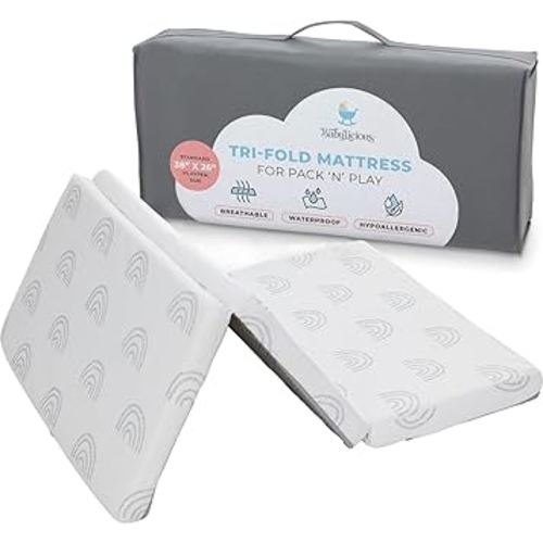 Waterproof Pack and Play Mattress Topper - 38" x 26" | Trifold Style - Breathable Soft Plush Foam - Portable Playard Mattress Topper- Baby Foam Playpen Mattresses for Babies - Boho Rainbow Design