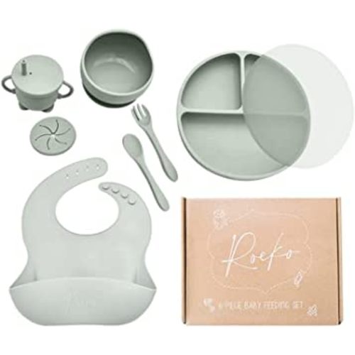 Roeko Baby Led Weaning Supplies - 6-Piece Baby Feeding Set with Lid - Suction Plates for Baby - Sippy Cup with Straw - Silicone Bibs for Babies - 6 Month Old Baby Essentials - Baby Products