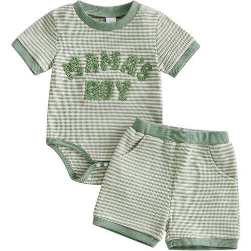 Mamas Boy Baby Clothes Summer Newborn 3 6 9 12 Months Striped Waffle Knit Short Sleeve Romper Shorts Set Outfit