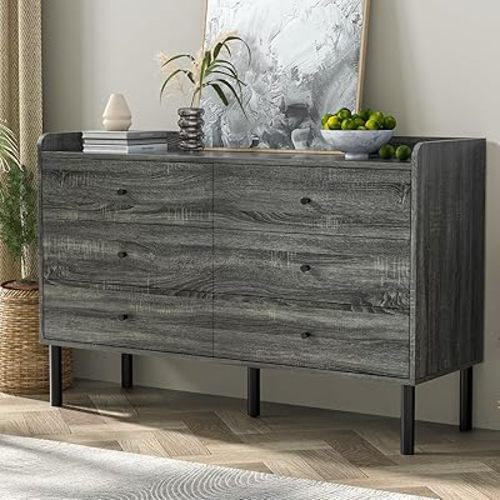 6 Drawer Dresser for Bedroom, Wood Double Dresser with Metal Handles, Sturdy Frame Wide Chest for Hallway, Entryway, Grey