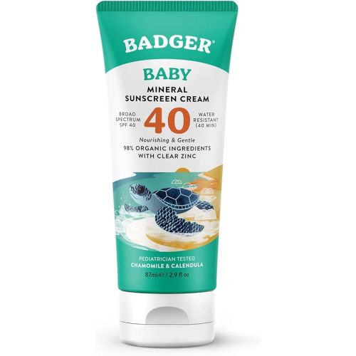Badger Mineral Baby Sunscreen Cream SPF 40, 98% Organic Toddler Sunscreen with Zinc Oxide, Broad Spectrum, Reef Safe, Water Resistant, Pediatrician Tested Baby Sunblock for Sensitive Skin, 2.9 fl oz