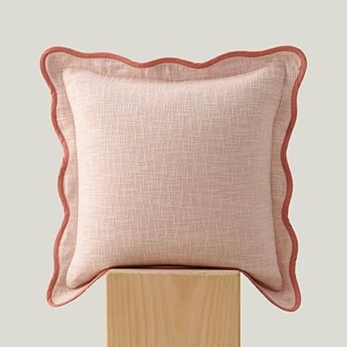 Double Stitch Scalloped Throw Pillow Covers - 100% Cotton Decorative Boho Pillow Covers 20 x 20, Made in India, Square Cushion Case, Modern Home Decor for Couch Sofa Living Room, Shell Pink