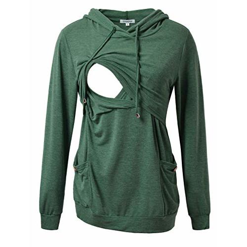 GINKANA Womens Nursing Hoodie Top Sweatshirt Long Sleeve Button Decoration Pockets Shirts Tunic Top