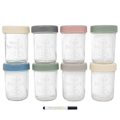 WeeSprout Glass Baby Food Storage Jars w/Lids (8 oz, 8 Pack Set) Snack, Puree, Reusable Small Containers, Breast Milk, Fridge or Freezer, Microwave & Dishwasher Safe, Essential Must Have for Infants