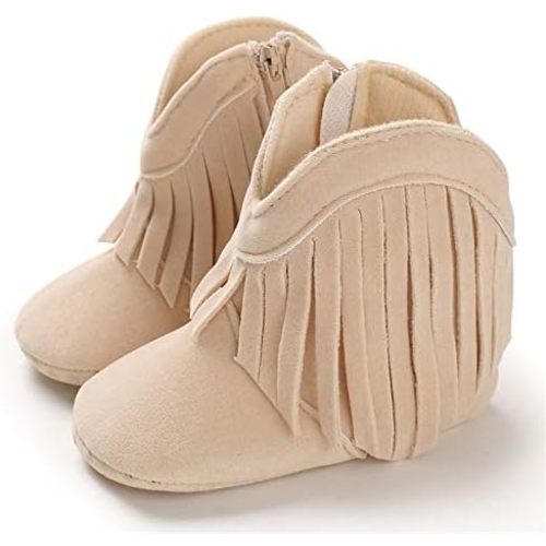 Timatego Baby Girl Cowboy Tassel Boots Side Zipper Non Slip Stay On Booties Infant Toddler First Walker Warm Winter Crib Shoes 3-18 Months