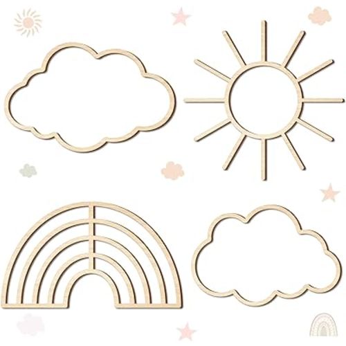 4 Pieces Boho Nursery Cloud Star Wall Decor Wooden Babyroom Moon Rattan Wall Decor Wooden Rainbow for Children Baby Kids Boys Girls Bedroom Nursery Pendant(Cloud Rainbow Sun)