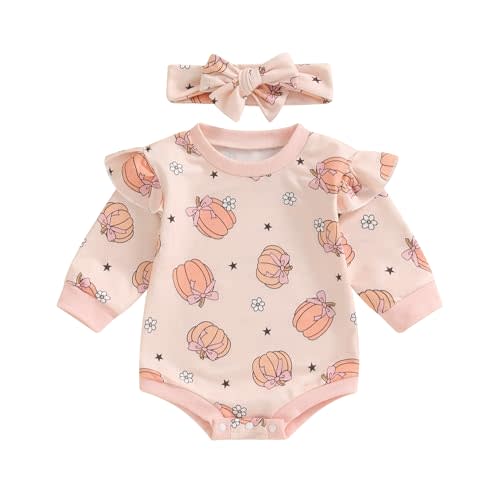 Eadrioss Newborn Baby Girl Halloween Outfit - Long Sleeve Crew Neck Pumpkin Romper Shirt Headband Fall Halloween Clothes