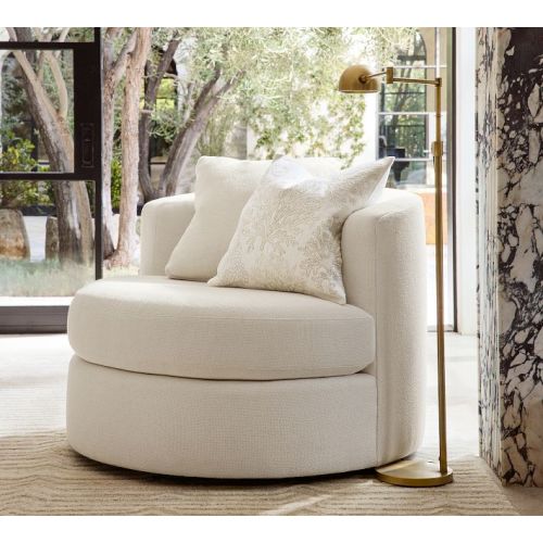 Balboa Upholstered Grand Swivel Armchair, Polyester Wrapped Cushions, Vintage Pinstripe Red