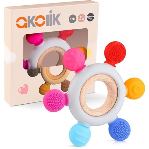 akolik Teething Toys for Babies, Baby Teethers Toy Teething Ring Silicone, Grasping Teething Toy, BPA Free Teething Nursing Accessories for 3+ Months Boy, Girl Toddlers