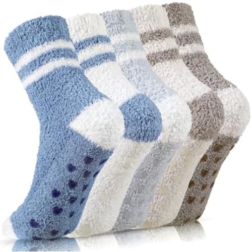 Fuzzy Socks for Women - 5 Pair Fuzzy Socks with Grip, Cozy Slipper Socks for Women, Womens Soft Comfort of Coral Fleece